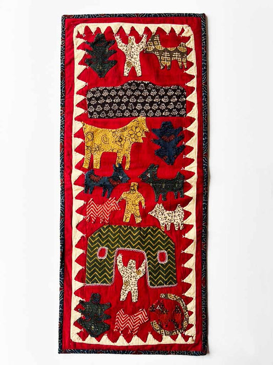 Kids looking after the animals, red background