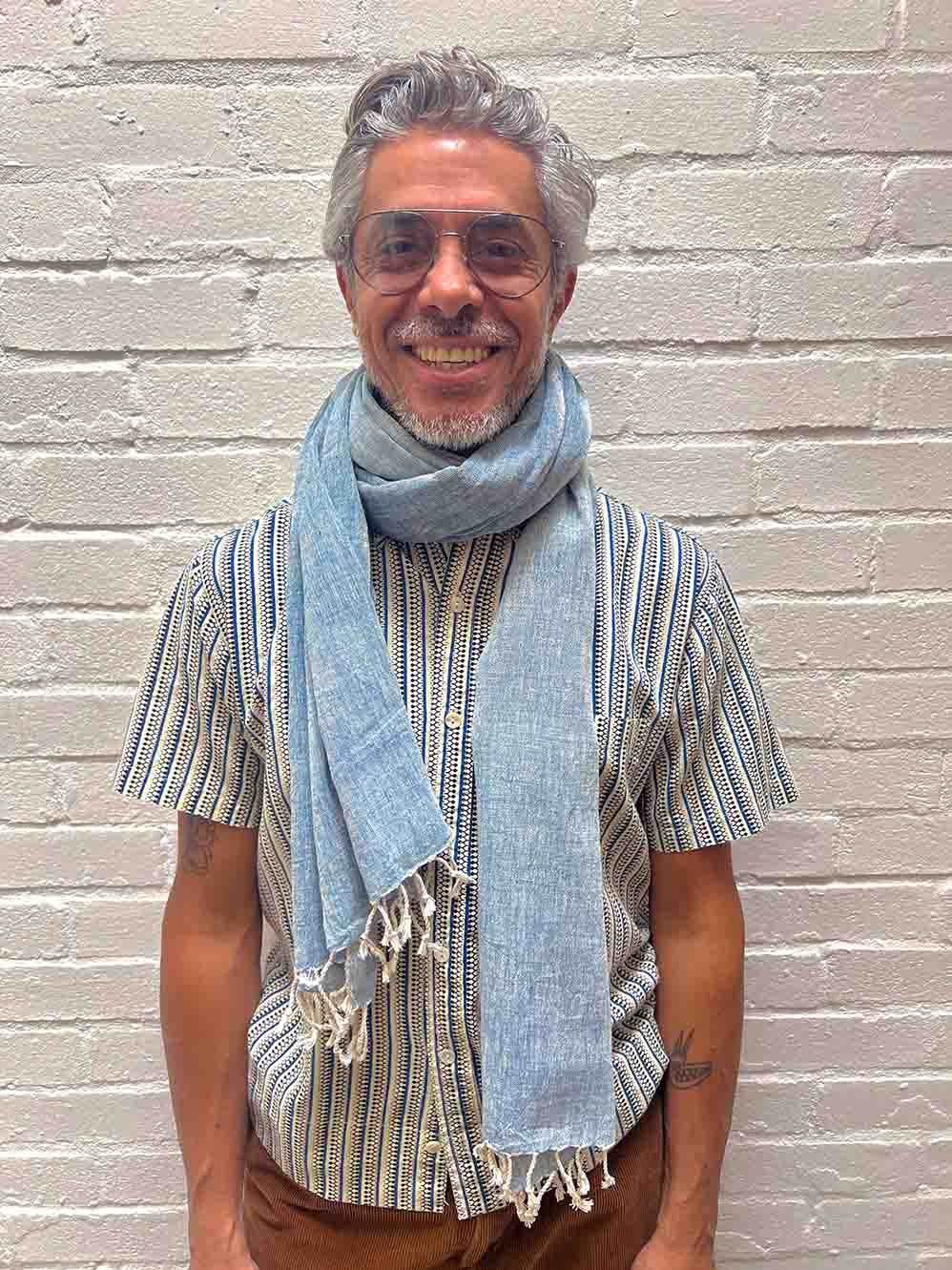 Hand woven light indigo organic kala cotton scarf from Kutch