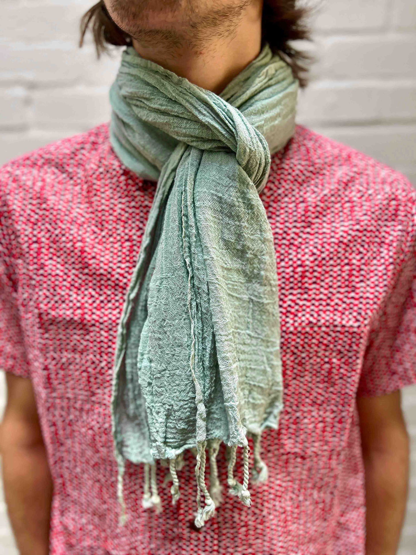 Duck egg blue/green scarf with tassels