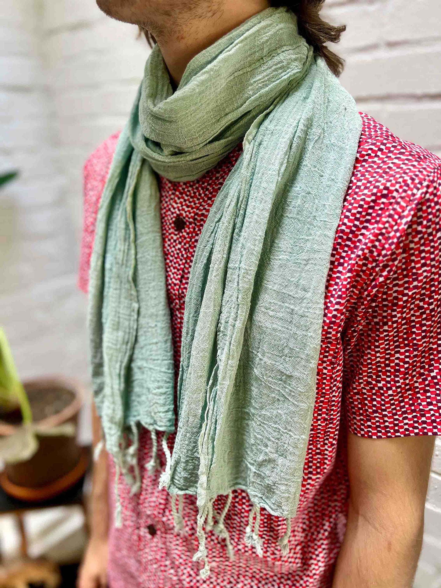 Duck egg blue/green scarf with tassels