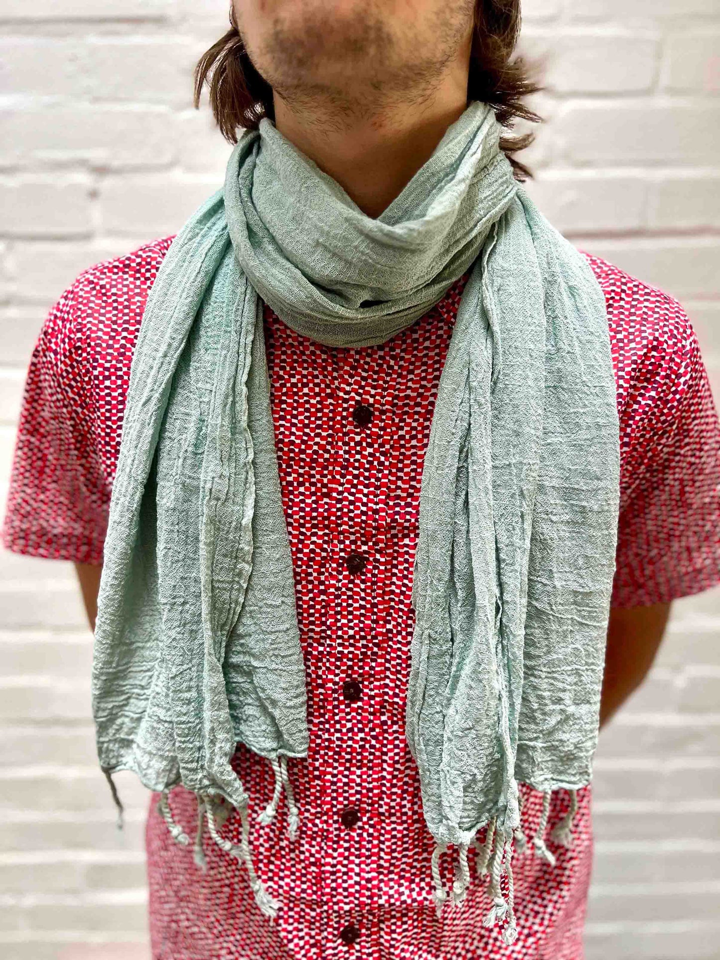 Duck egg blue/green scarf with tassels