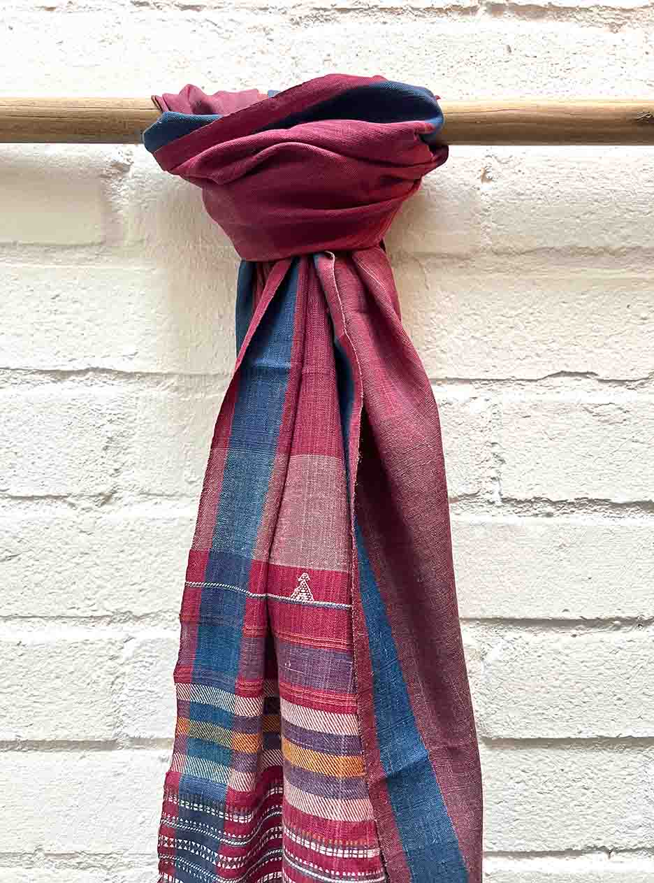Burgandy & indigo silk and kala cotton scarf